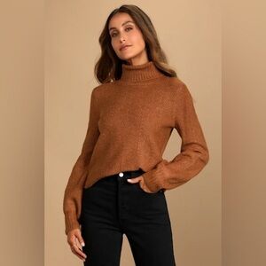 Lulus Meet Cozy Rust Orange Knit Long Sleeve Turtleneck Sweater Sz Medium